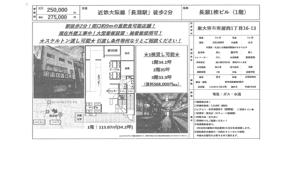 大阪府東大阪市菱屋西1丁目１６－１３長瀬駅　徒歩２分の物件情報