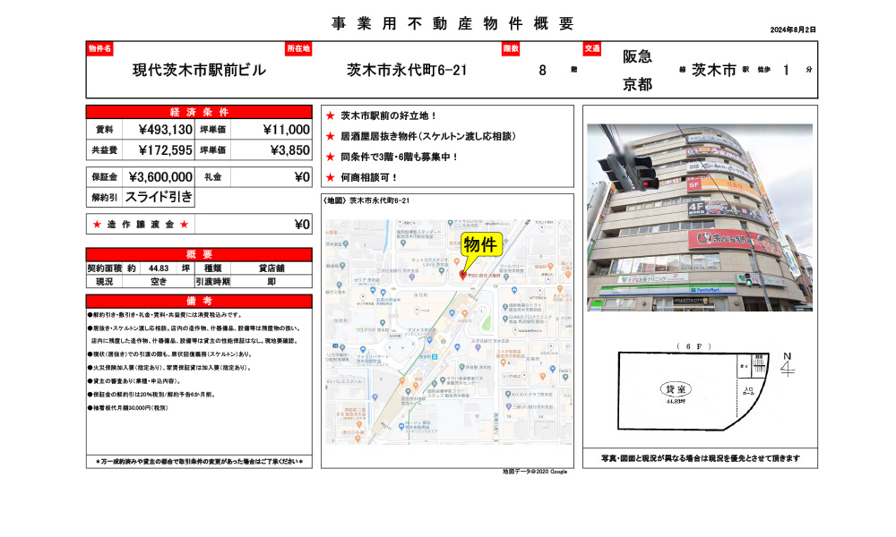 大阪府茨木市永代町6-21阪急京都線　茨木市駅　徒歩1分の物件情報