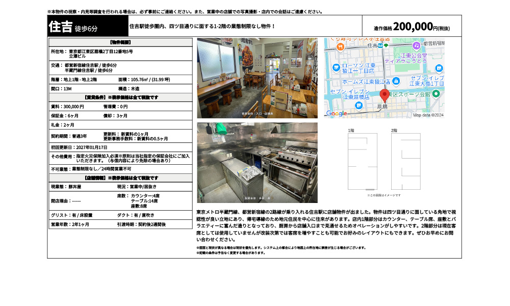 東京都江東区扇橋2丁目12番地5号 その他費用： 不可業態： 席数： 【物件概要】 東京都江東区扇橋2丁目12番地5号 立澤ビル 都営新宿線住吉駅 / 徒歩6分 半蔵門線住吉駅 / 徒歩6分の物件情報
