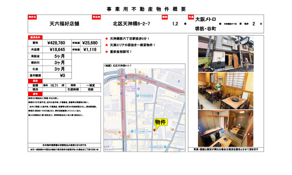 大阪府大阪市北区天神橋6-2-7天神橋筋六丁目駅 徒歩2分の物件情報