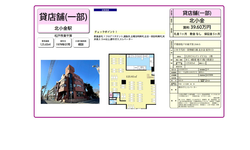 千葉県松戸市東平賀244-5ＪＲ常磐線「北小金駅」 徒歩:1分の物件情報