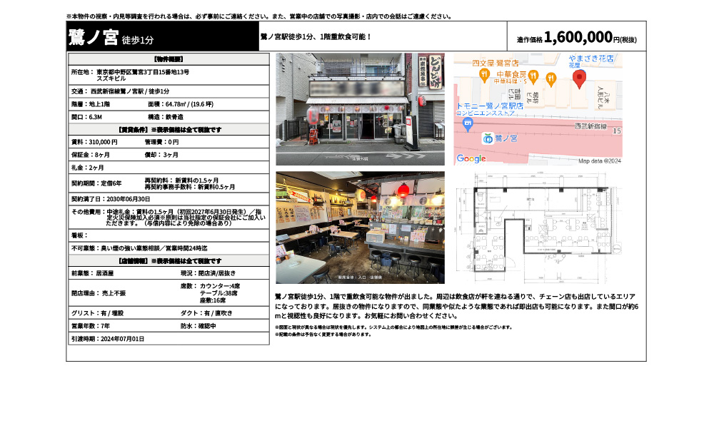 東京都中野区鷺宮3丁目15番地13号西武新宿線鷺ノ宮駅 / 徒歩1分の物件情報