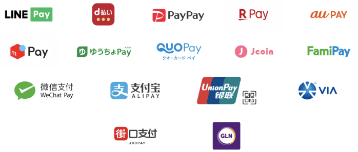 QRコード決済 LINEpay d払い Paypay 楽天pay auPAY メルペイ ゆうちょpay QUOPay Jcoin FamiPay WeChat Pay ALIPAY UnionPay VIA JKOPAY GNL