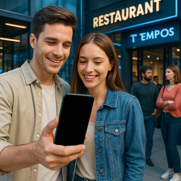 スマホ画面を一緒に見て笑顔を浮かべる若い男女のカップル。