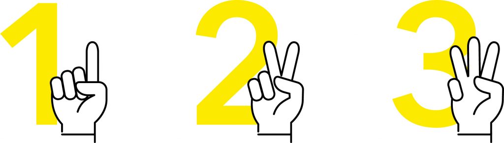 黄色い数字の「1」「2」「3」と、それぞれを指で表現する線画のイラスト。