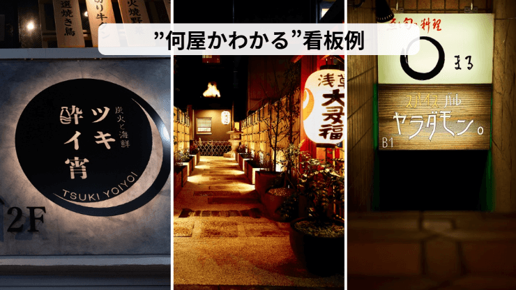 「何屋かわかる」看板の例を示す3つの画像。左は黒い丸い看板に白い文字で「ツキヨイ」と書かれた居酒屋の入り口、中央は提灯が灯る日本式の路地裏の飲食店街、右は縦長の看板で「ヤラダモン」という店名と階数が書かれた飲食店の入り口。