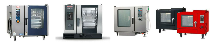 「スチコン」とも呼ばれる業務用コンビオーブンの4つの異なるモデルを組み合わせた画像集です。ステンレス製、青、赤など様々なサイズと色のモデルが写っています。