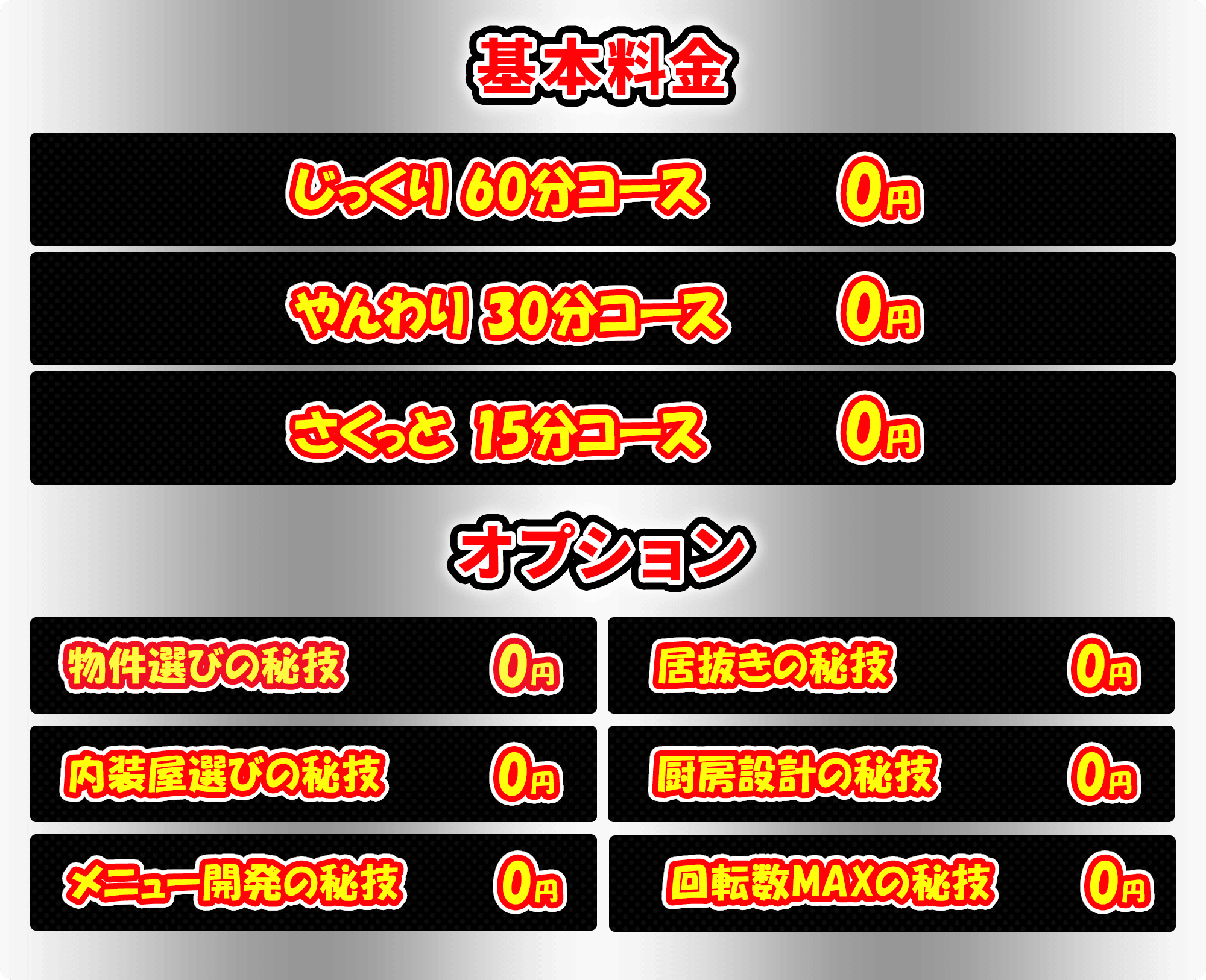 基本料金 じっくり 60分コース:0円 やんわり 30分コース:0円 さくっと 15分コース:0円 オプション 物件選びの秘技:0円 居抜きの秘技:0円 内装屋選びの秘技:0円 厨房設計の秘技:0円 メニュー開発の秘技:0円 回転数MAXの秘技:0円